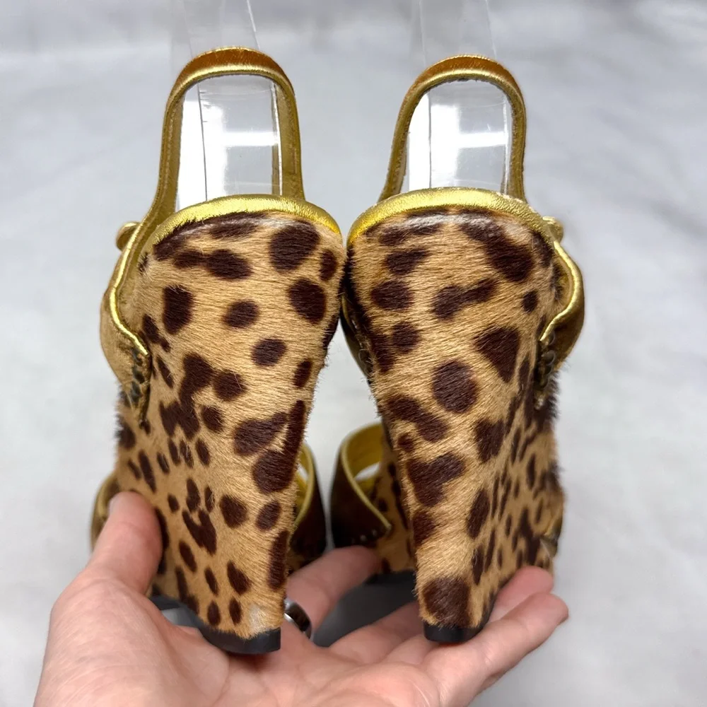 PRADA Vintage Y2K Velvet Leopard Calf Hair Leather Platform Wedge Sandal Heel 38